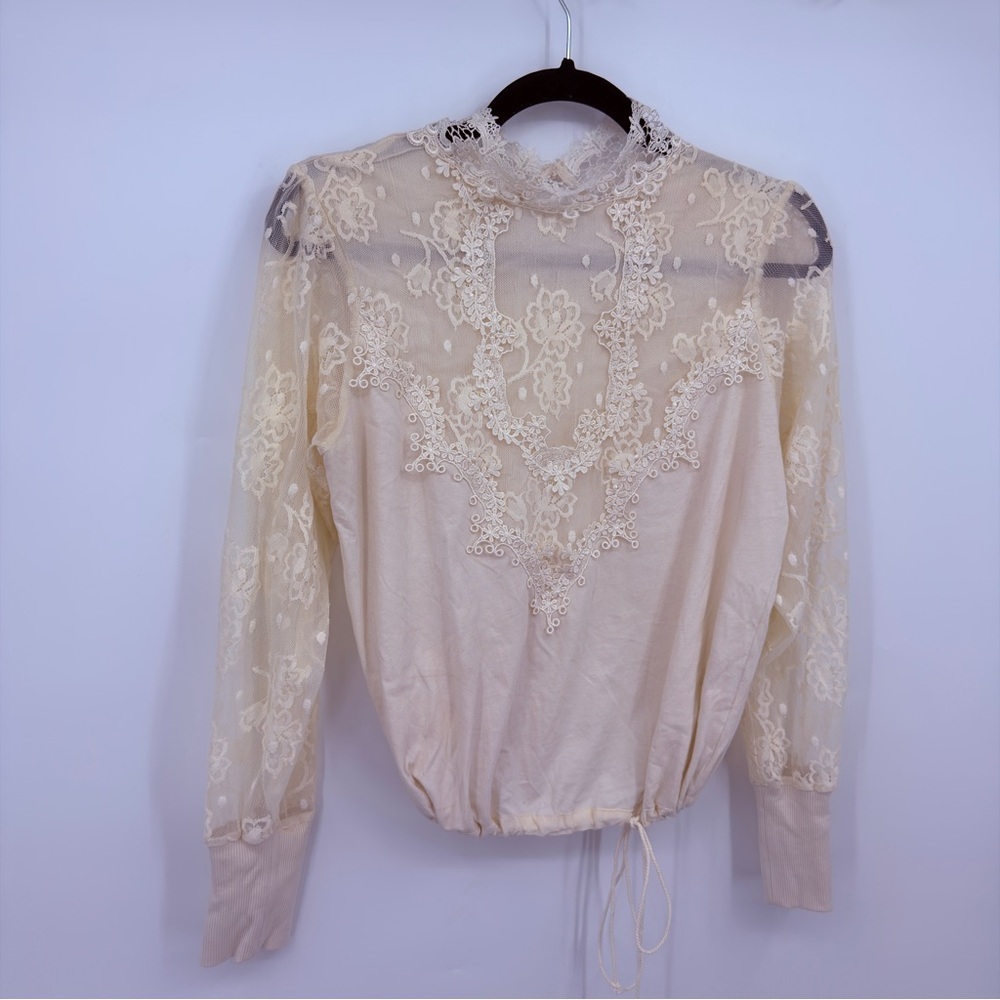 Tiny Cream Lace Blouse High Neck Embroidered Long Sleeve Top Size S - Picture 4 of 7